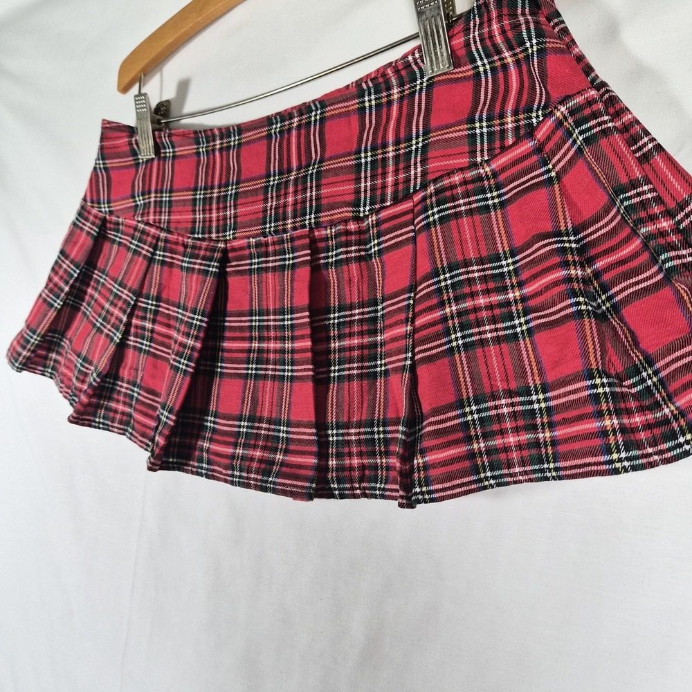 Women's Small Red Tartan Plaid Pleated Micro Mini Skort Y2K Schoolgirl Style